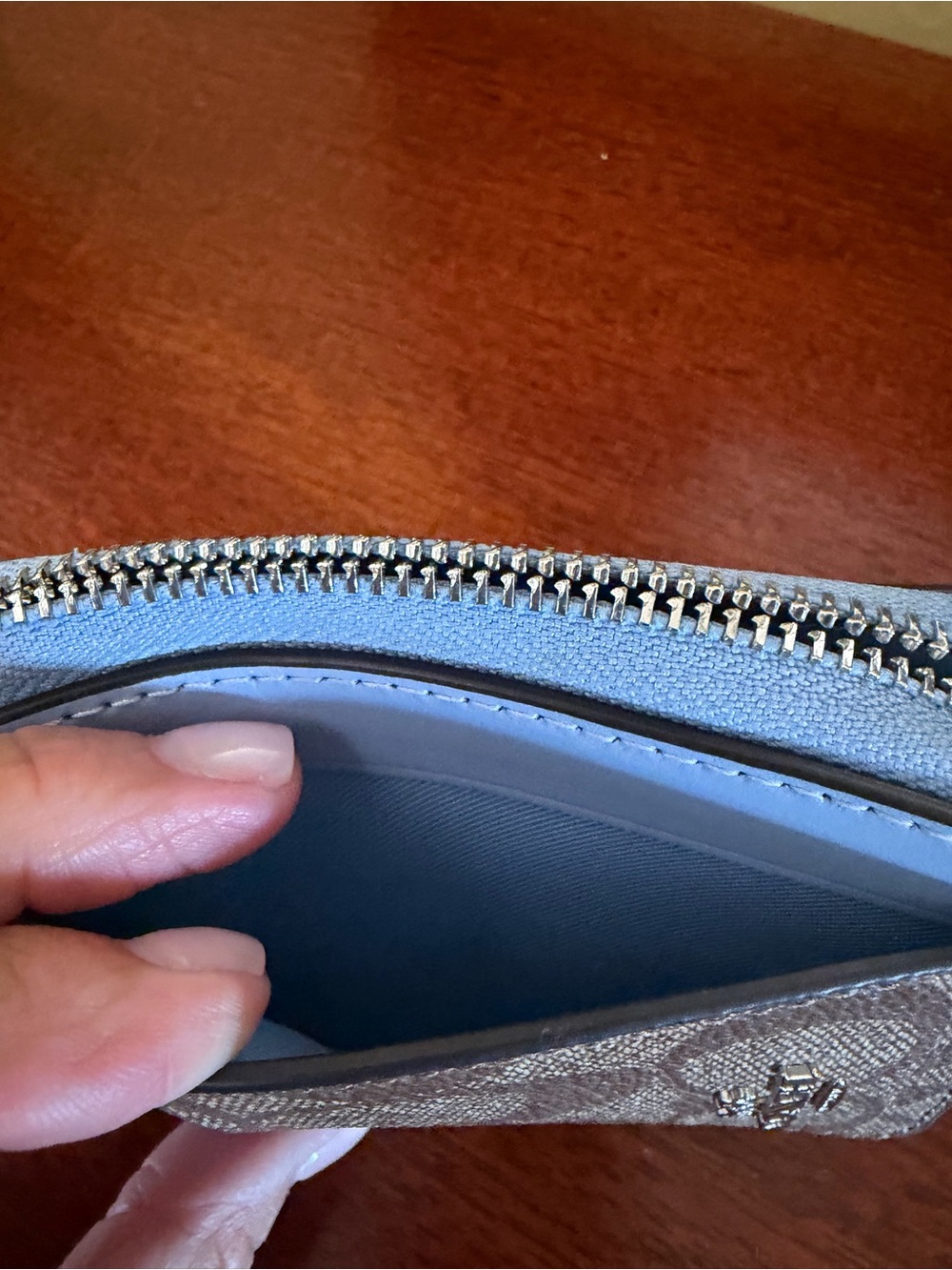 Coach Zip Card Case In Signature Canvas and Pale Blue Leather - Picture 4 of 8